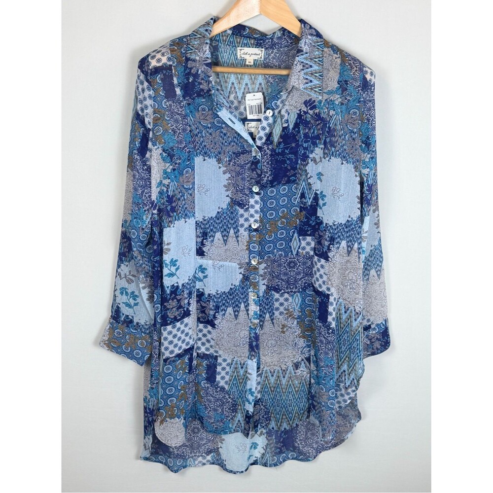 Cloth & Portrait Blue Patchwork Layered Tunic Top XL Sheer Boho